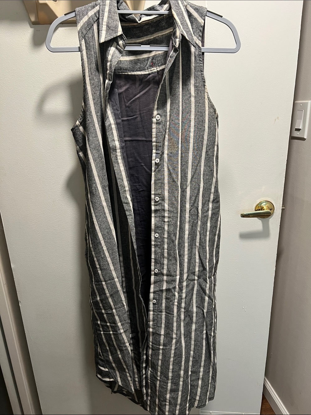 Sleeveless Grey and White Striped Button-Front Dress